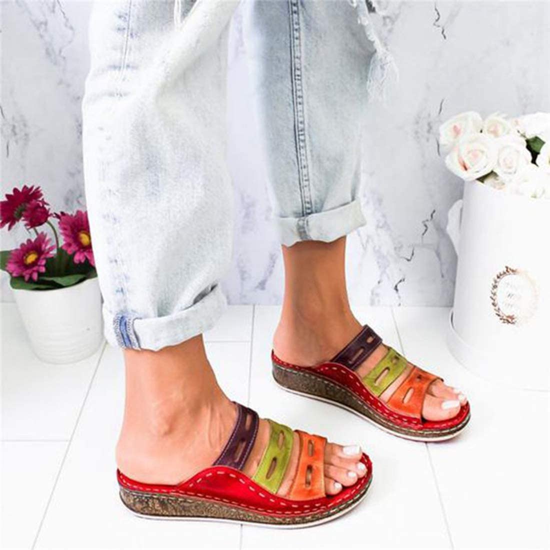 RXZCHH Sandalias para Mujer Chanclas Zapatillas De Verano Parte Inferior Plana Cabeza Redonda Zuecos Informales Suaves Sandalias De Cuña Sandalias Informales con Plataforma con Punta Abierta Zapatos