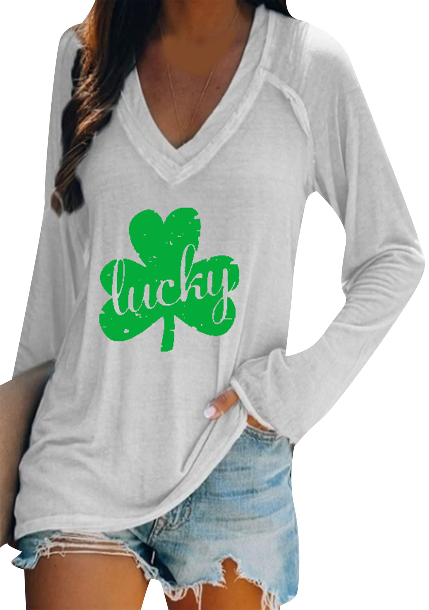 BOFETA Women St Patricks Day Sweatshirts Loose Long Sleeve Shirts Green Shamrock Print Blouse Flowy Color Block Pullover Tops