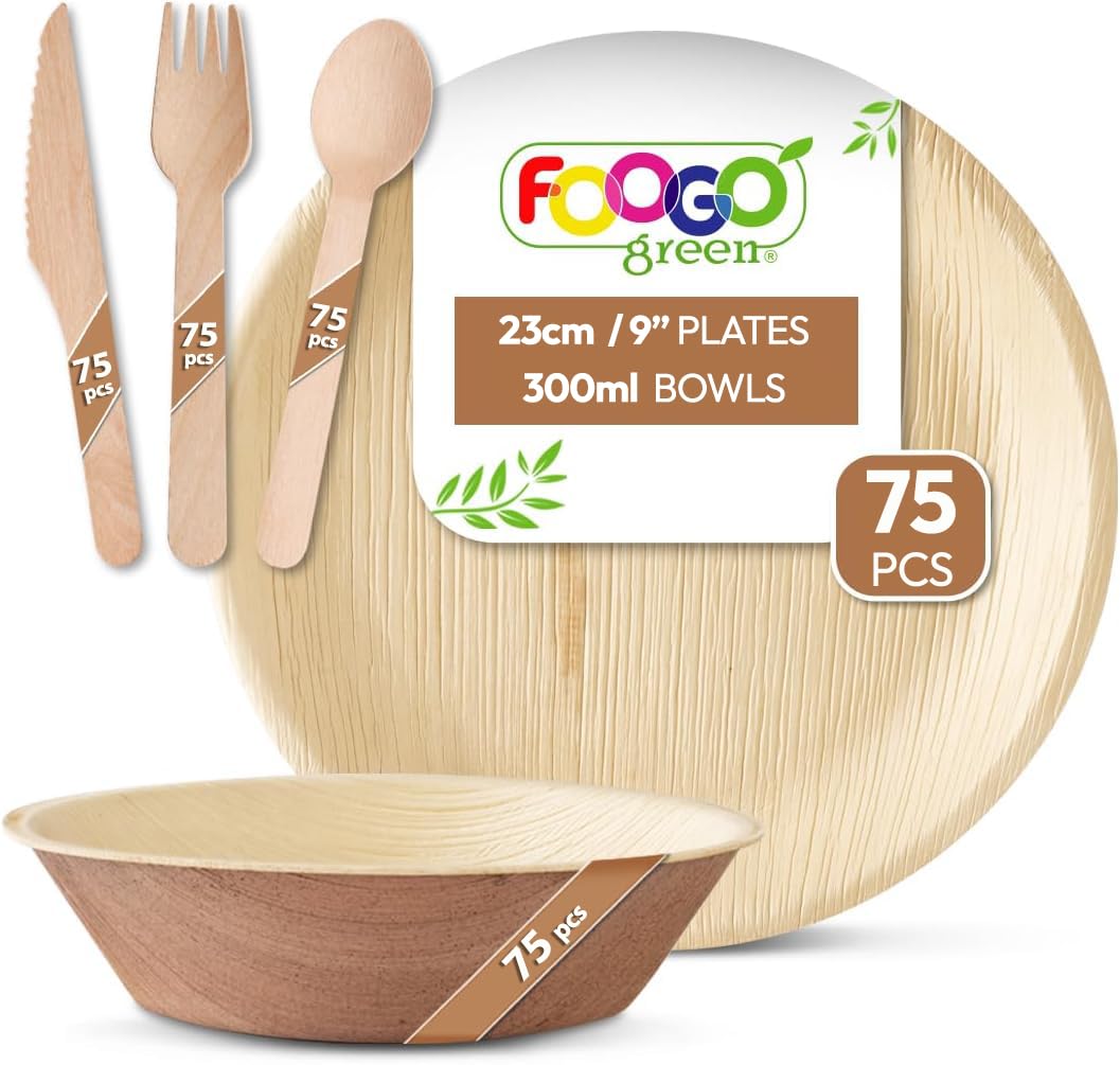 FOOGO Green 375pcs Eco-Friendly Party Set - Palm Leaf Plates, Bowls & Wooden Cutlery - 75 Large Round Plates, 75 Bowls, 50pcs Forks, Knives & Spoons — image 1