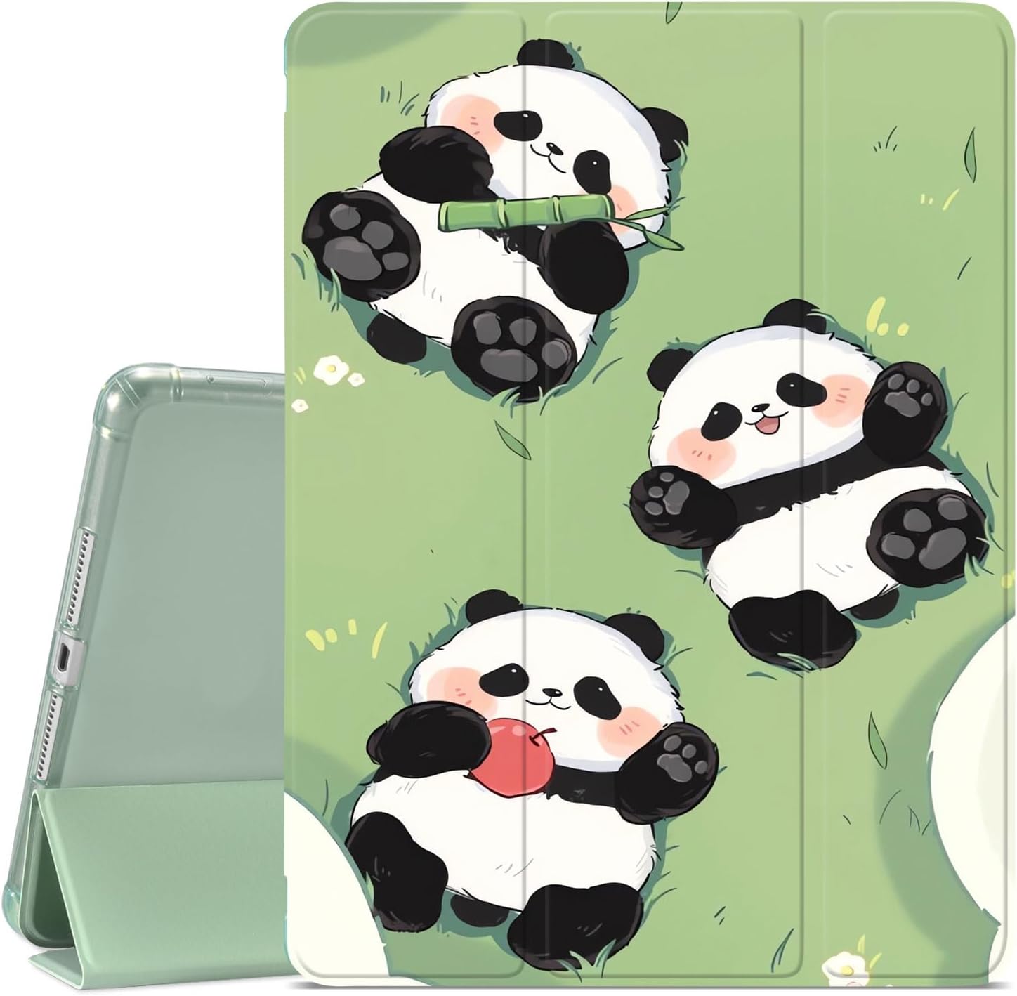 JOYLAND Cute Panda Pattern Case for iPad Air 11" M4/M3/M2 (2026/2025/2024),iPad Air 5th/4th Gen 10.9", Pencil Holder & Clear Transparent Back & Trifold Smart Green Cover