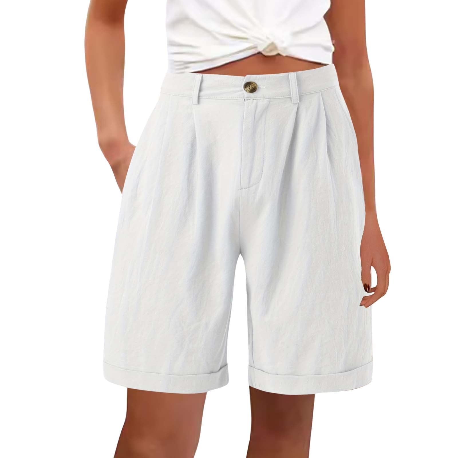 Linen Shorts for Women Summer High Waisted Button Fly Bermuda Short Pants Baggy Business Casual Work Shorts with Pockets Pleated Wide Leg Lounge Half Pants White