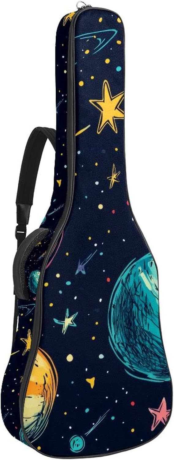 40 41 42 Inch Acoustic Guitar Bag, 0.4 In Thick Sponge Padded Guitar Case Gig Bag with Back Hanger Loop and 2 Pockets, Colorful Space with Planets Stars Pattern