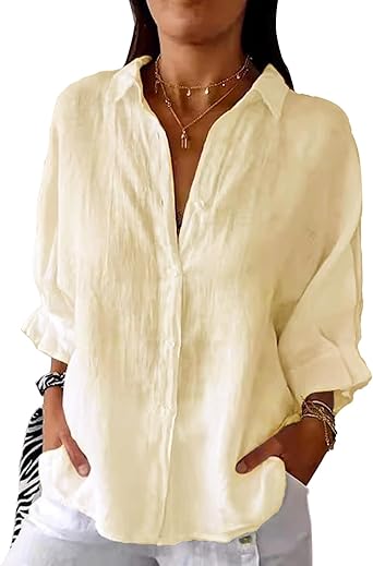 Cotton Shirts for Womens Button Down V Neck Long Sleeve Summer Linen Shirts Dressy Casual Lapel Collared Office Tops