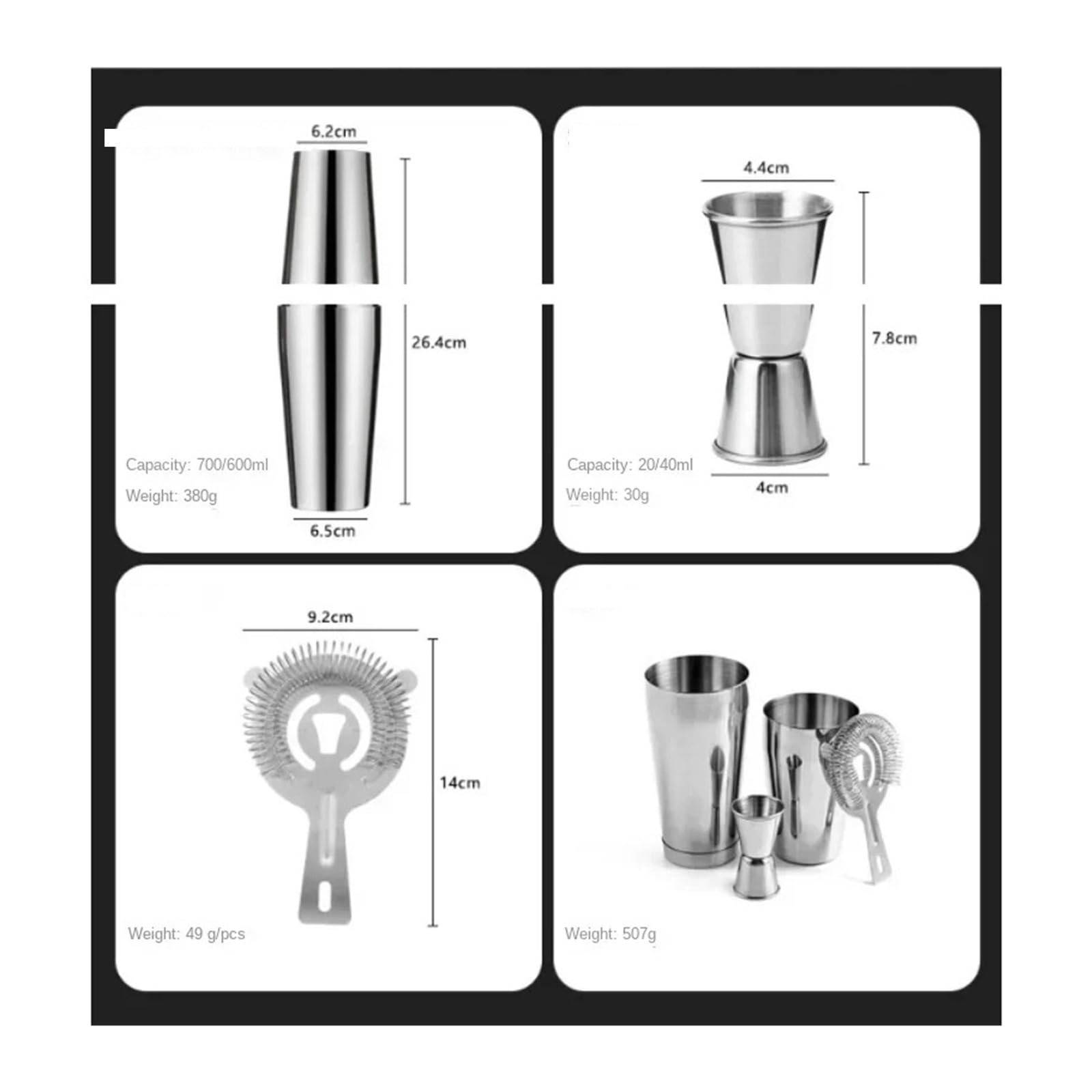 Juego de coctelera mezcladora, 4 Uds., equipo barman, 18oz, 28oz, mezclado(700 600ml)