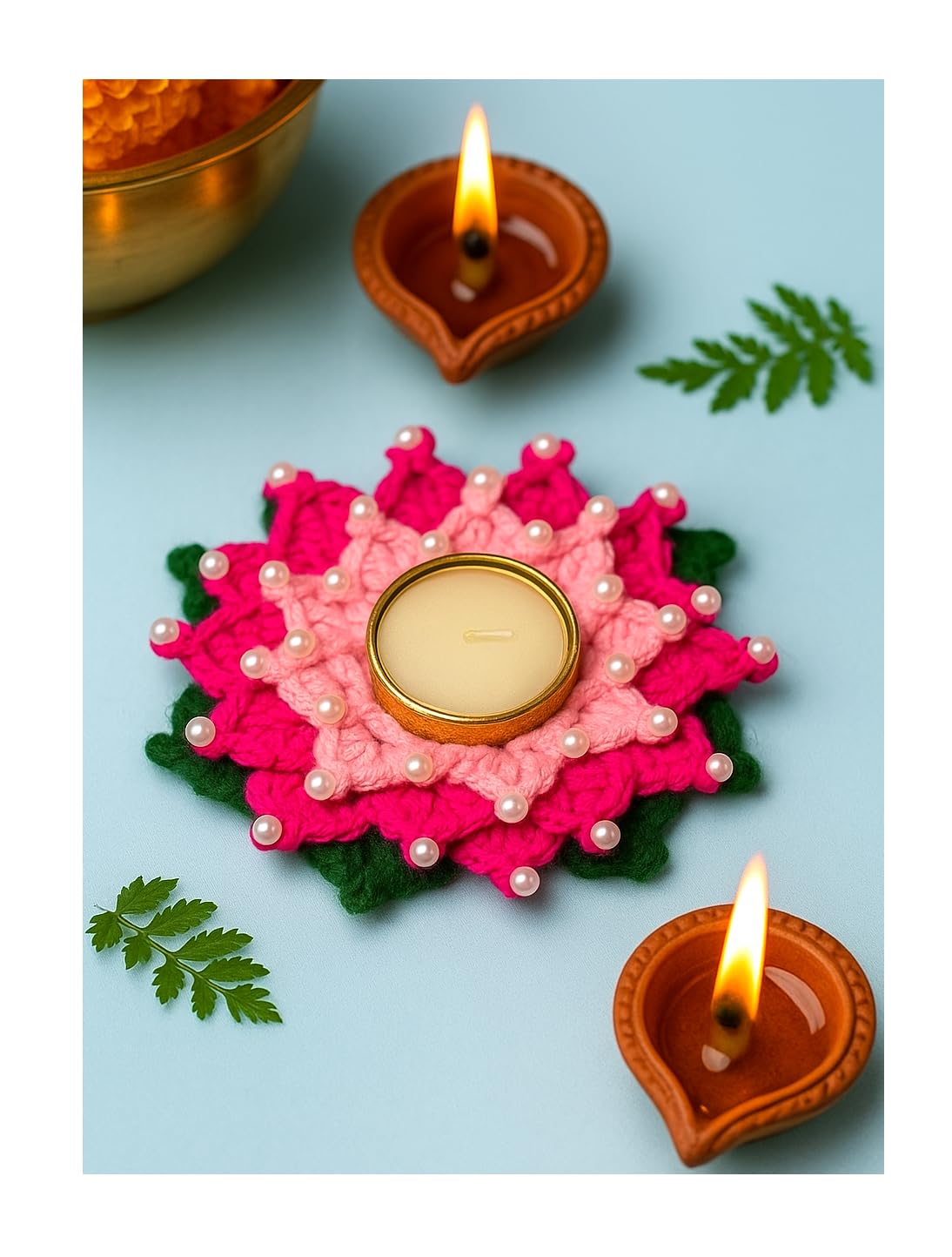 Handmade By Craftsy Bliss Elegant Crochet Lotus Tealight Candle Holder | Pink & Green Decorative Diya Base for Diwali | Lotus Flower Tea Light Holder for Festivals, Pooja & Home Décor | 5½" Diameter-image-32