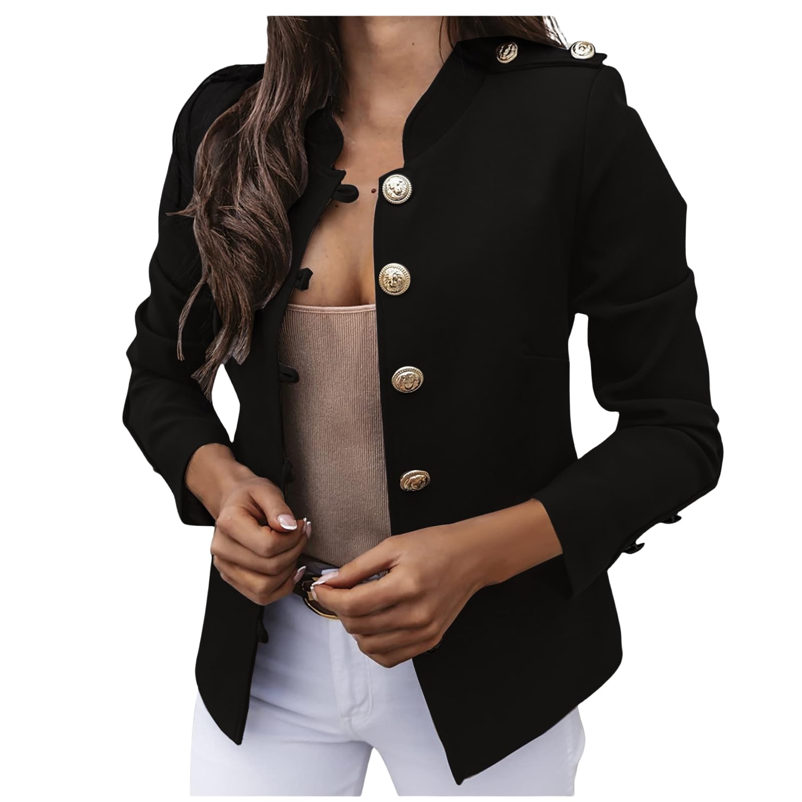 Womens Casual Blazer Jacket Gold Button Open Front Long Sleeve Jacket Fall Fashion Cardigan Light Slim Work Office