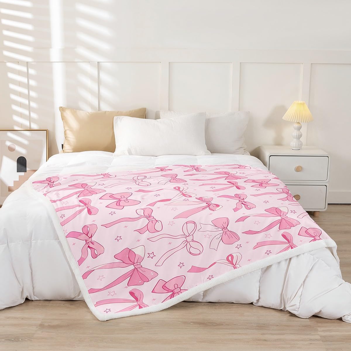 Feelyou Pink Bowknot Decoration Sherpa Blanket for Girls Adults Watercolor Pink Bow Kids Kawaii Fleece Throw Blanket Dreamy Princess Style Fuzzy Blanket for Sofa Bed Couch,Throw 50x60 Inches