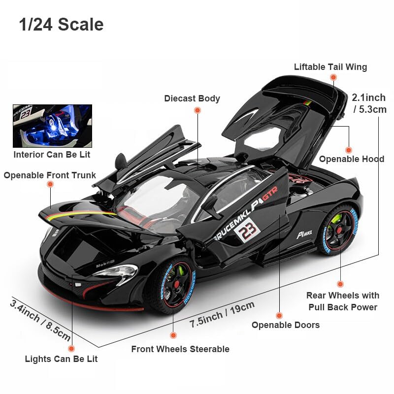 Image of PLUSPOINT Die cast Metal McLaren P1 GTR 1:24 Toy Car Collectible,Vehicle Doors openable with Lights and Sounds,Pull Back Decoration Model Car Toy for Adults Kids Birthday Gifts