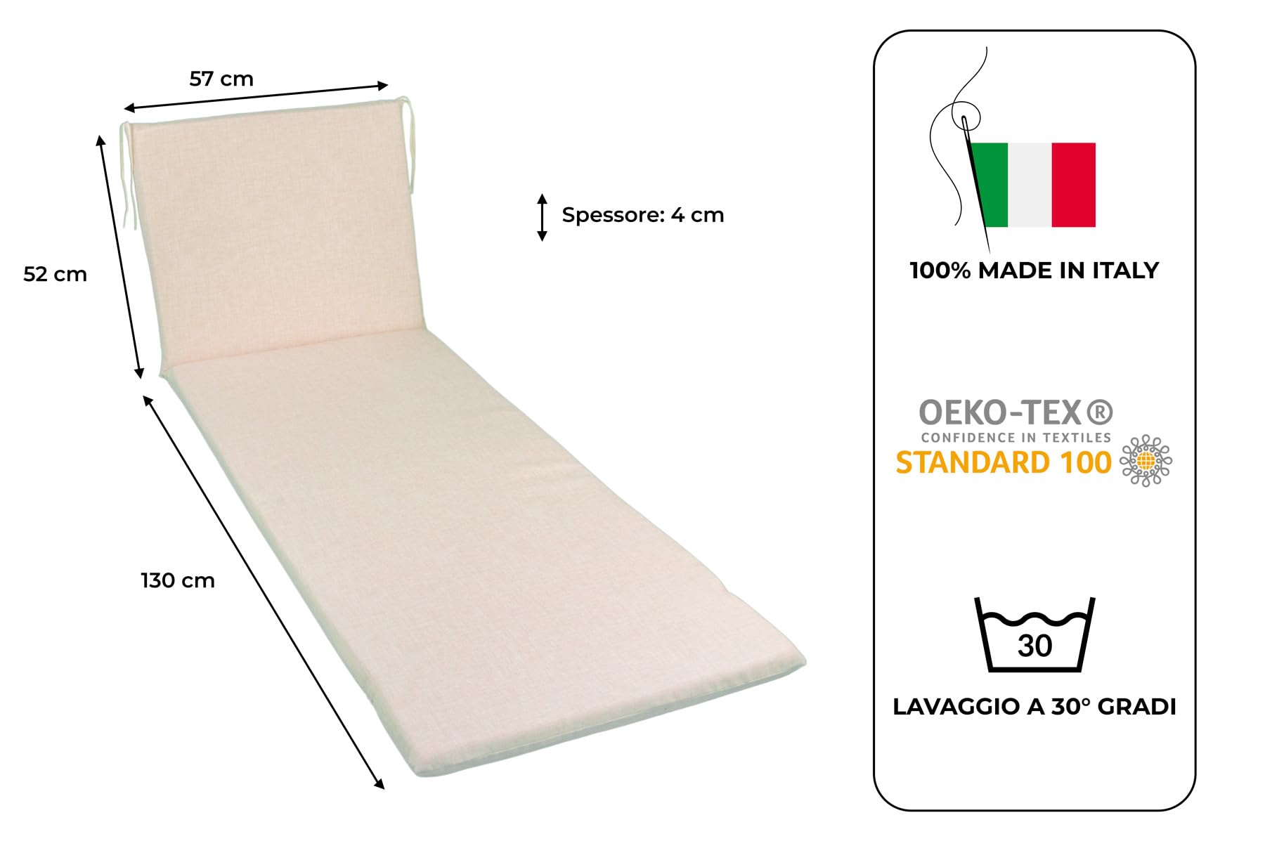 GHIOCUSCINI | Cuscino per Lettino Mare, Colore ECRU' in Tessuto Cotone/Poliestere, Sfoderabile, 52 + 130 x 57 cm, Alto 4 cm, Made in Italy