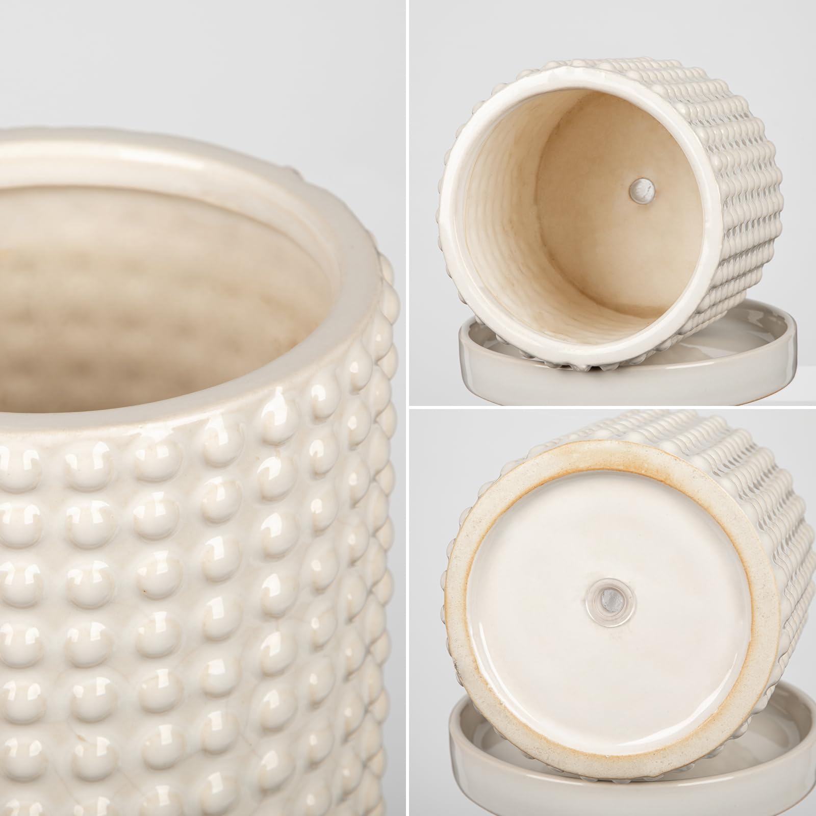 Oairse Vaso per piante in ceramica, 15 cm + 11 cm, con fori di drenaggio, vasi da fiori bianchi, design con perline, vasi decorativi per interni, per cactus, serpente, pianta d'appartamento
