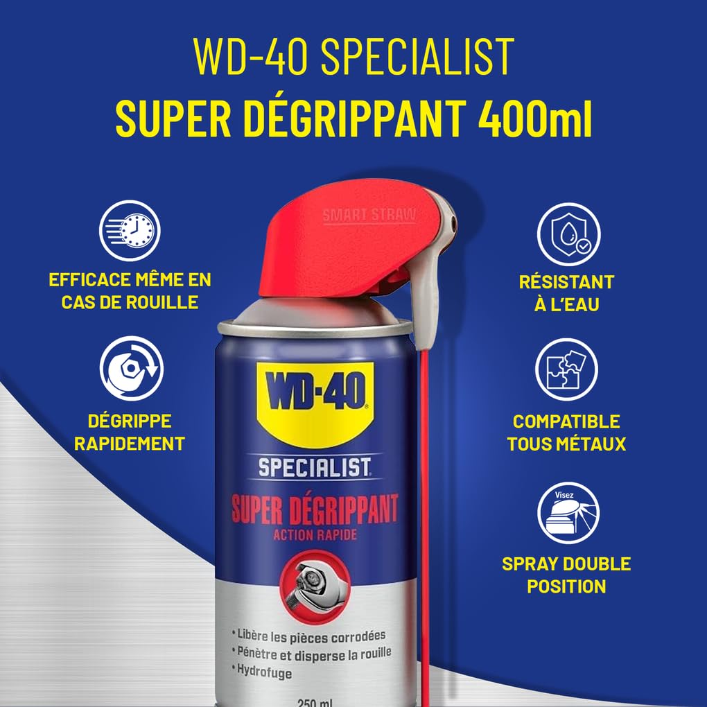 WD-40 Specialist • Super Dégrippant • Spray Double Position • Efficacité Immédiate • Dégrippe rapidement et facilement • Résistant à l'Eau • Compatible Tous Métaux • 400 ML • Carton de 12