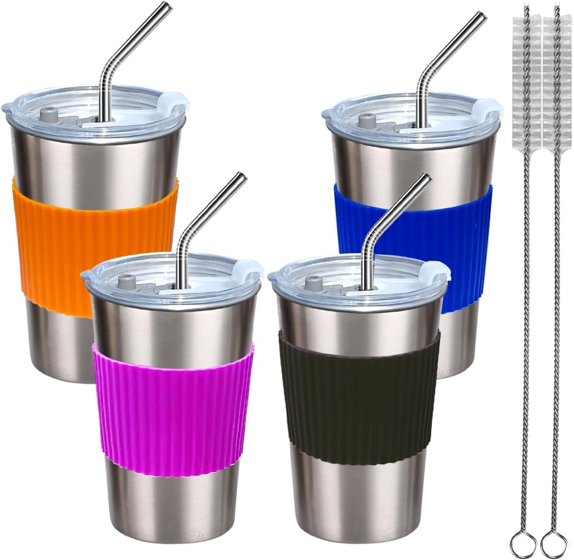 Lydlrum Cups with Lids and Straws, 500ml 4 Pack Reusable Leakproof Stainless Steel Cups, BPA Free Unbreakable Metal Coffee/Beer/Smoothie Camping Cup,Orange&Dark Blue&Purple&Black