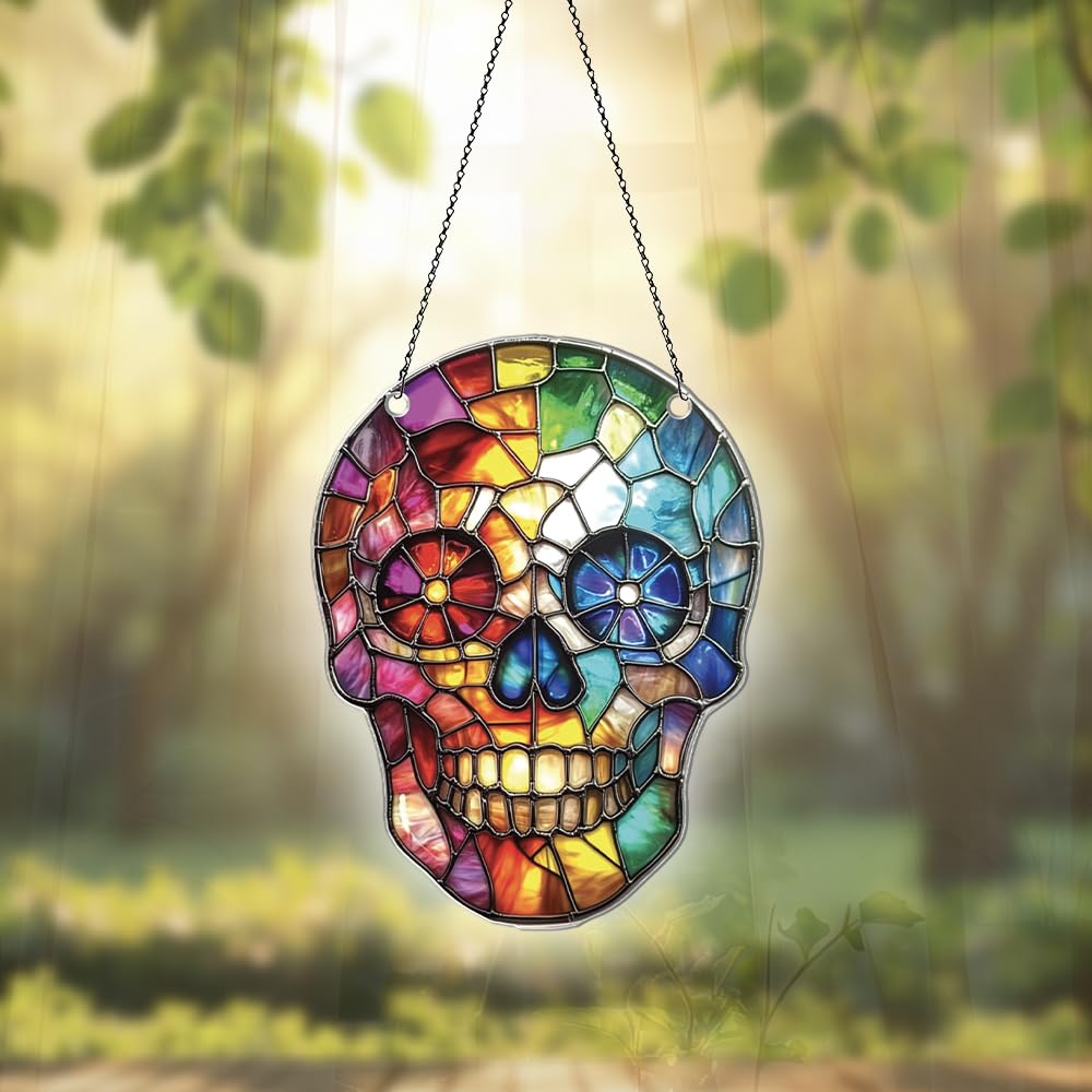 Skull Ornaments Decor - Gift for Skull Lovers - Home Wall Room Hanging Christmas Decorations - 2D Flat Acrylic Window Hanging