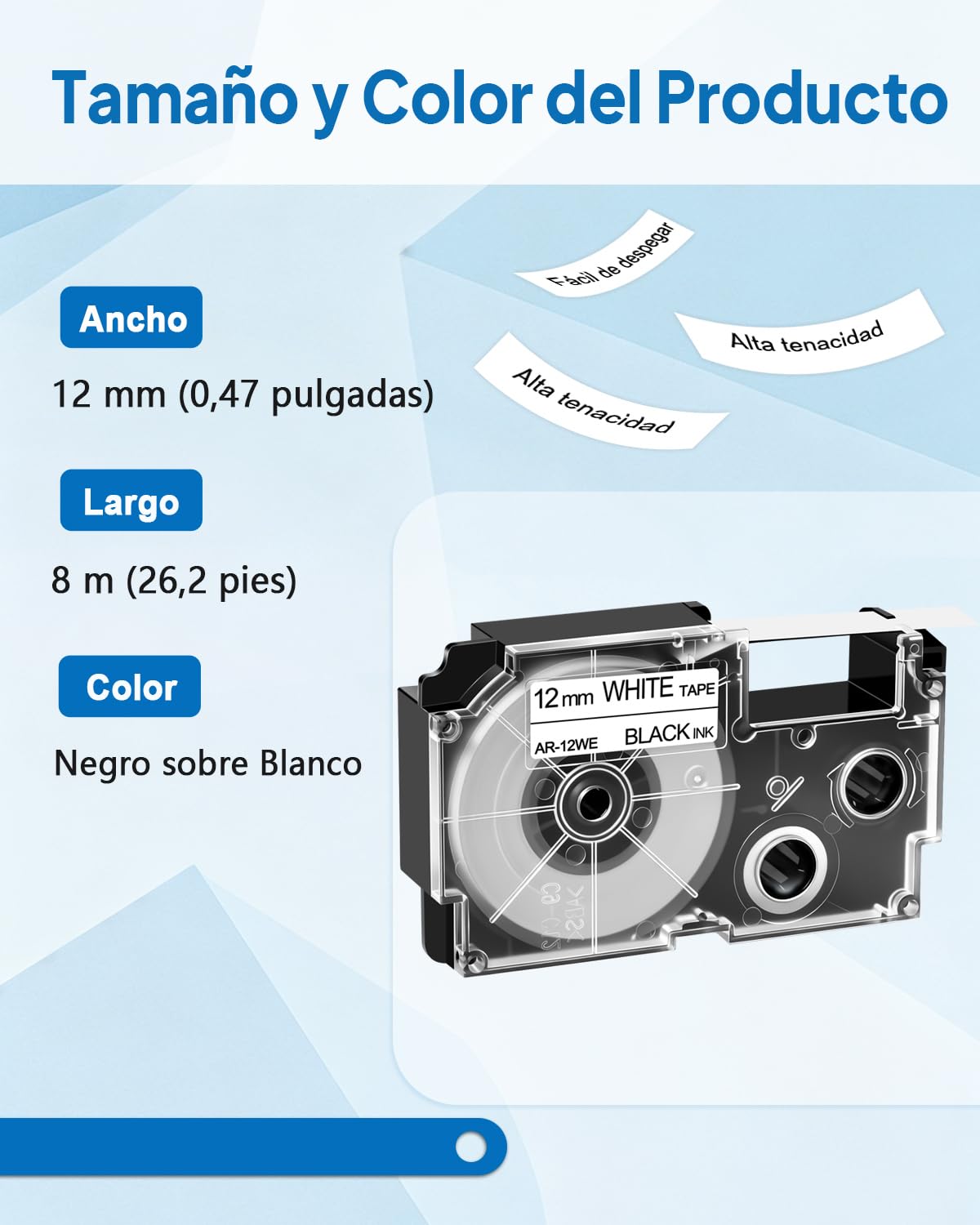 Paquete 200 Cinta Compatible Casio XR-12WE Negro sobre Blanco 12 mm