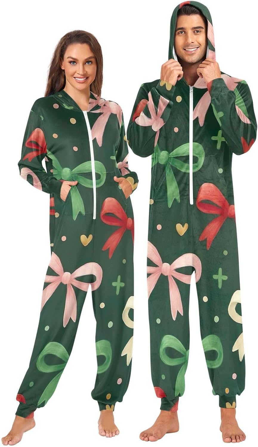 GAIREG Red Green Christmas Bows Adult Womens Hooded One-Piece Pajamas, Zipper Onesie Adult Christmas Pajamas