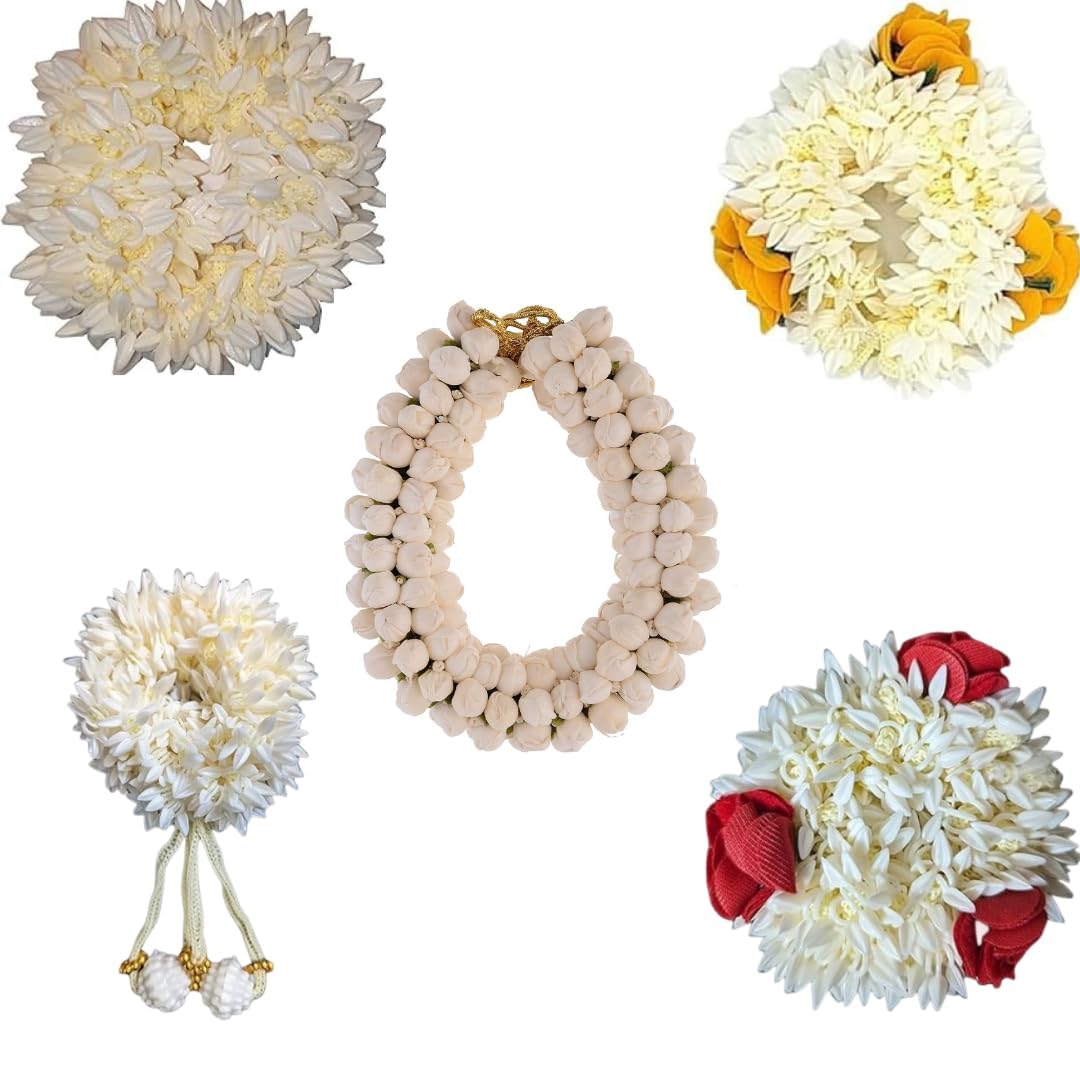 Traditional Indian Hair and Hand Accessories, Handmade Artificial Flower Plastic Gajra Veni Garland, Set of 5 Pieces