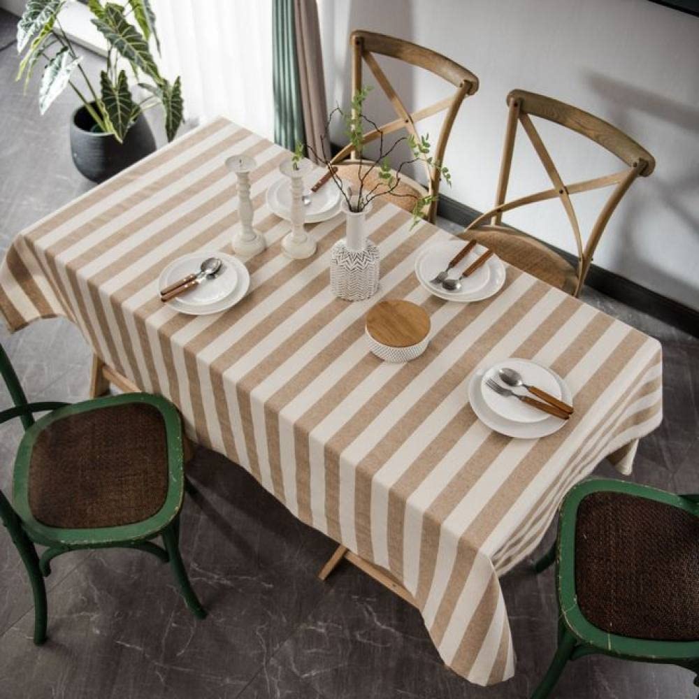 Nappe anti-poussière en coton lin à rayures kaki 140x250