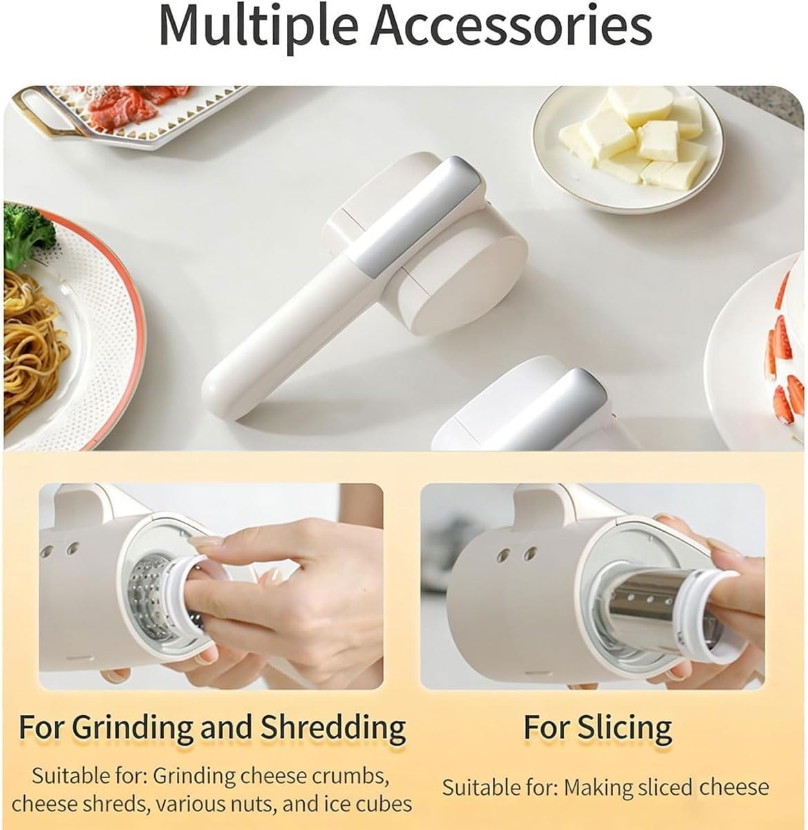 Rallador de queso eléctrico inalámbrico, triturador giratorio recargable de mano con 2 tambores para cocina diaria