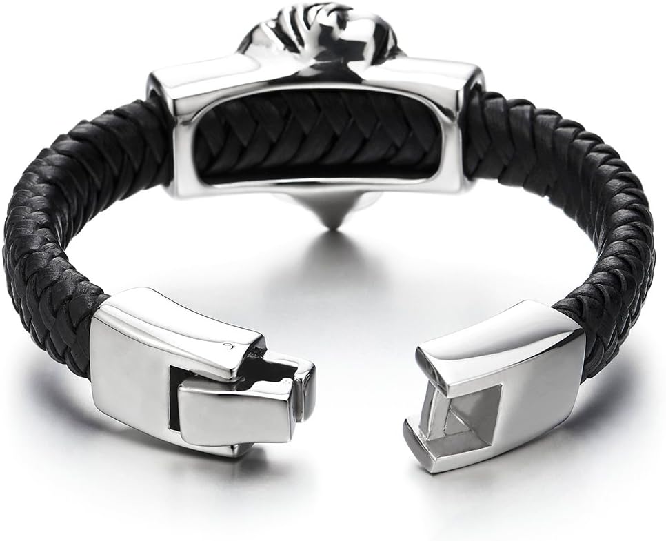COOLSTEELANDBEYOND Men's Braided Leather Lion Bracelet, Stainless Steel King of the Jungle Bangle, Fierce Animal Head Jewelry, Bold Urban Rocker Accessory, Gift for Him