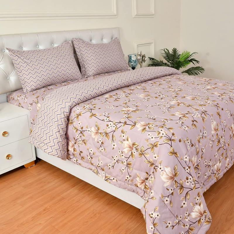 Florida King-Size Printed AC Comforter with 1 Bedsheet & 2 Pillow Cover Set (Mauve)