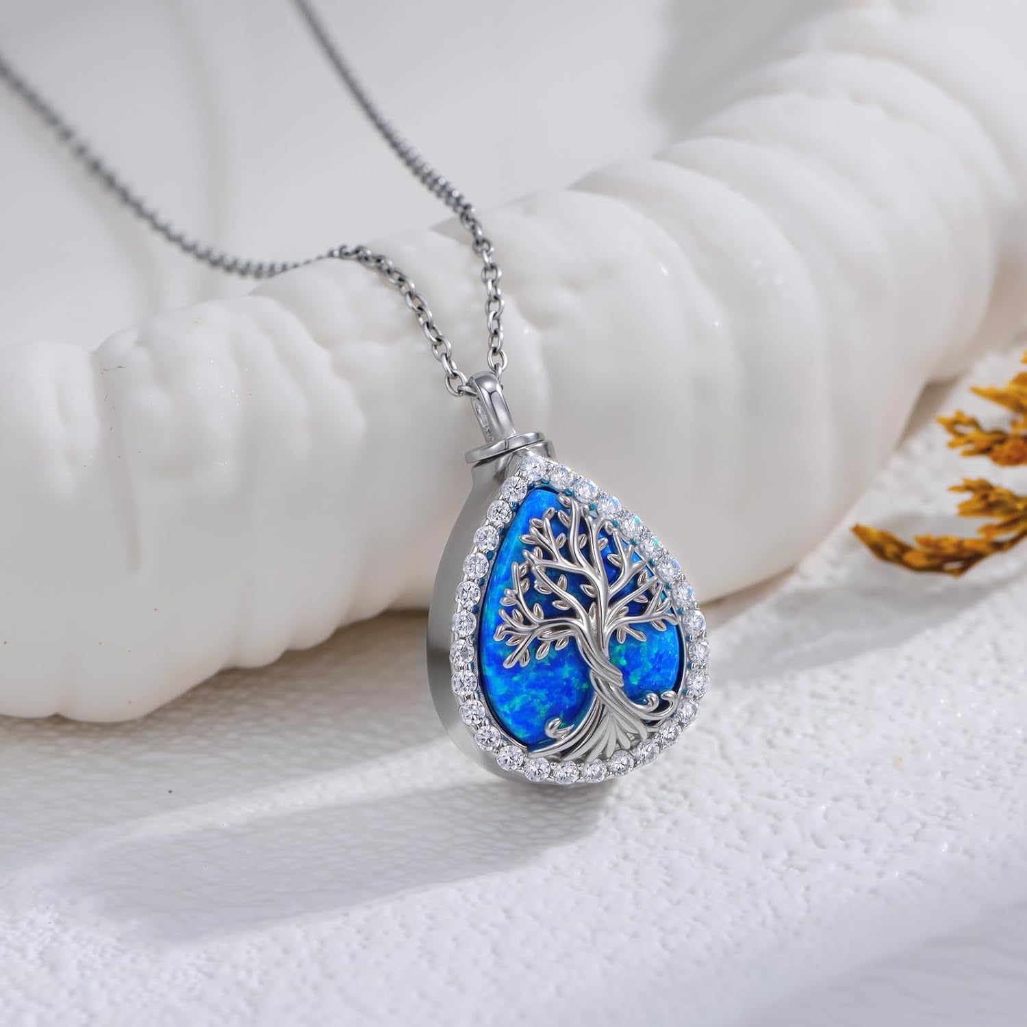 Blue Opal Tree of Life Urn Necklace for Women, 925 Sterling Silver Moissanite Tree of Life Urn Necklace, Teardrop-shaped Urn Necklace, Memory Of Loved Ones Family Pets