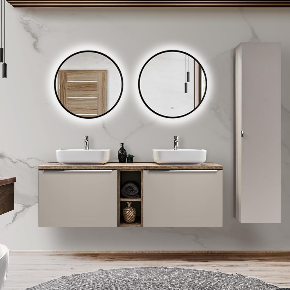 Lomadox Set di mobili da bagno in aupe con rovere vintage, 140 cm, doppio lavabo con mobiletto, 2 lavandini in ceramica, scaffale, specchio a LED, armadio alto