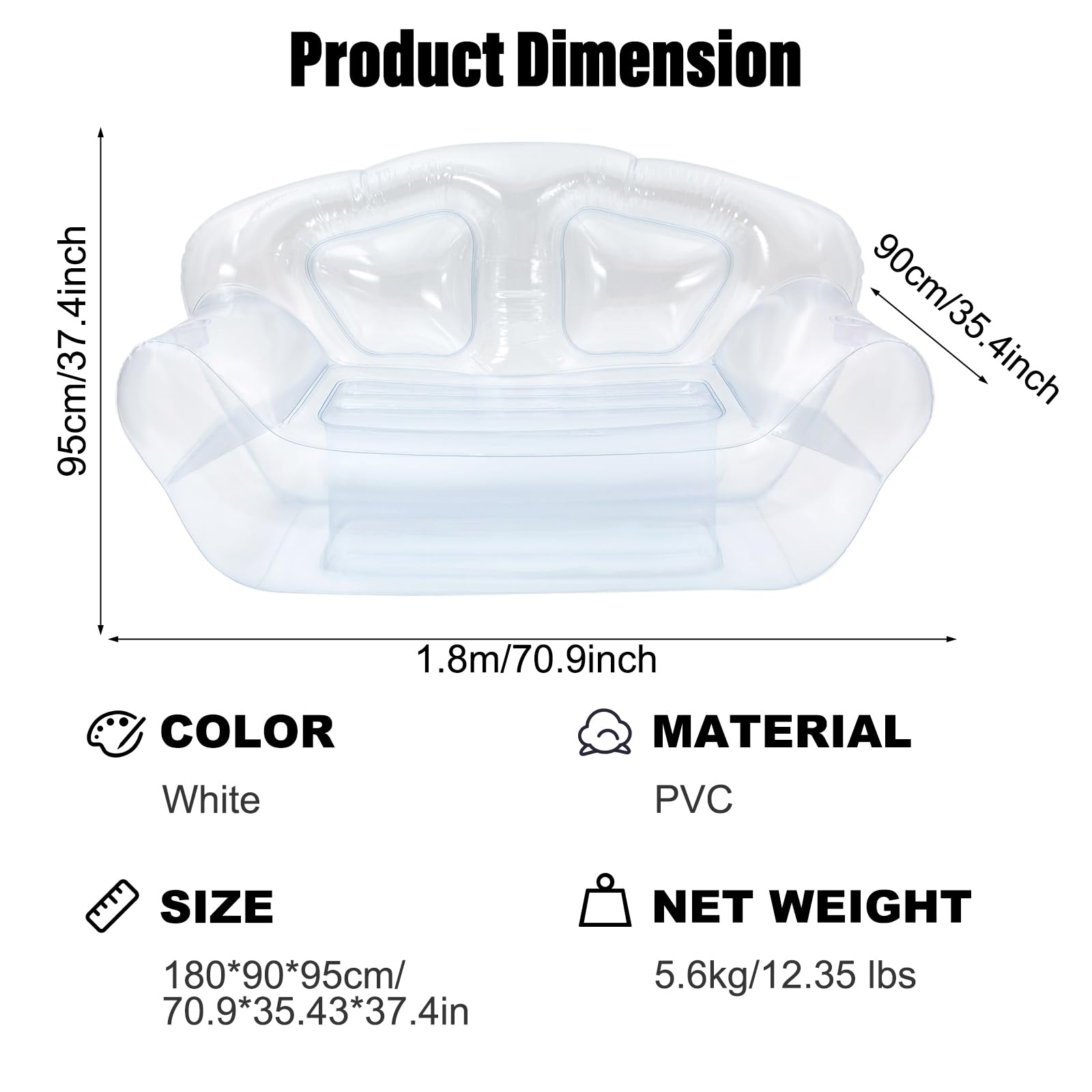 Kaichenyt Double Inflatable Couch Sofa, Cool Double Inflatable Chair, Portable Air Sofa, Inflatable Couch, Inflatable Sofa for Camping Picnic Beach Travel (Clear)