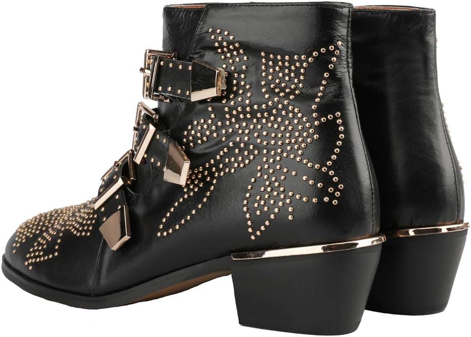 Arqa Women's Studded Ankle Boots Leather Multiple Buckle Chunky Heel Booties Almond Toe Zipper Punk Boot - Image 6