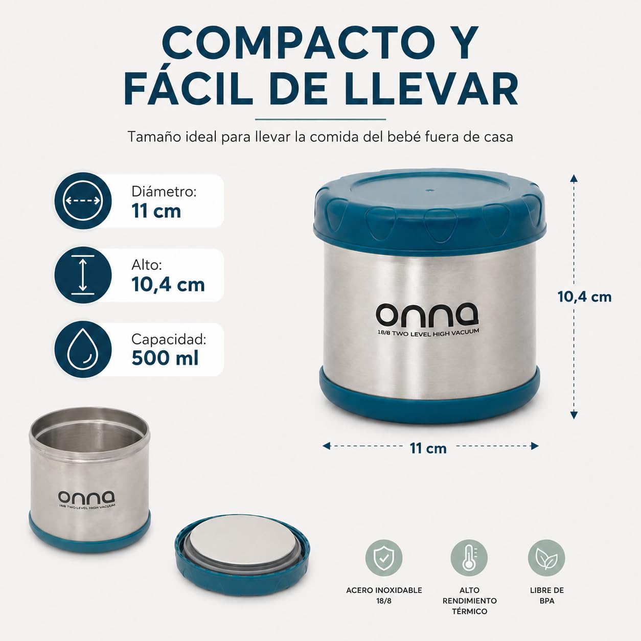ONNA Termo Porta Alimentos 500 ml, Recipiente Térmico de Acero Inoxidable para Comida (1802MB)