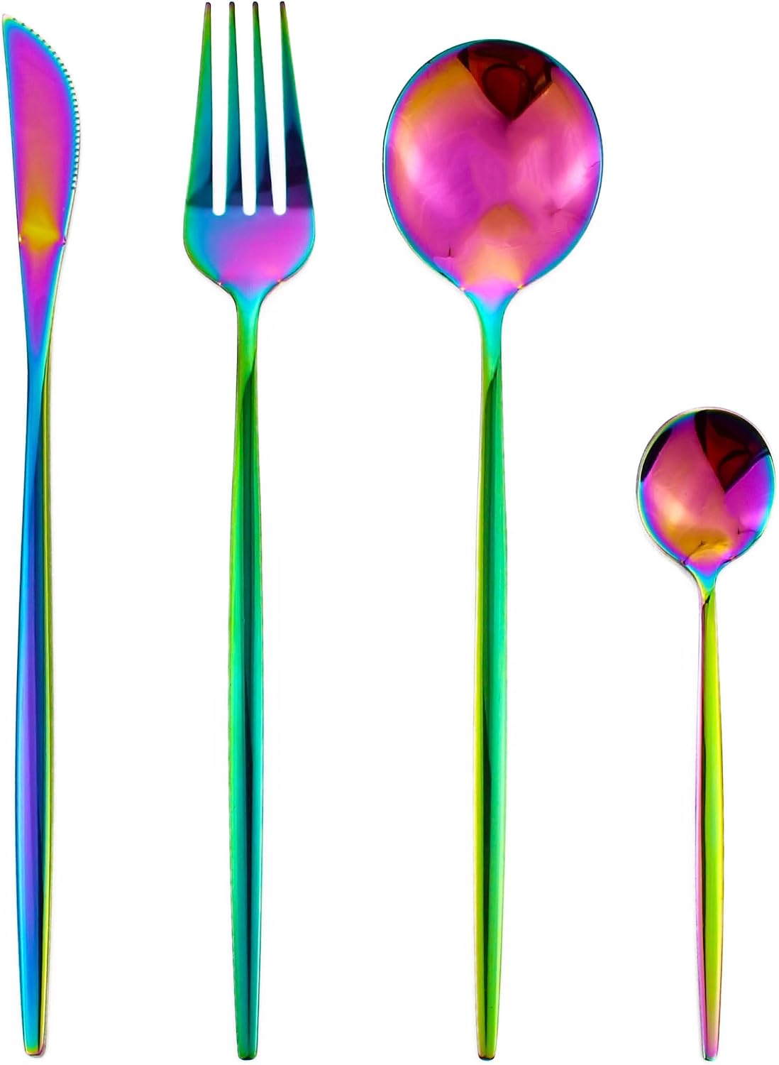 24-Piece Korean Silverware Set Rainbow Forks and Spoons Set Cutlery Set Service for 6 Mirror Polished Stainless Steel Flatware Kitchen(Rainbow)