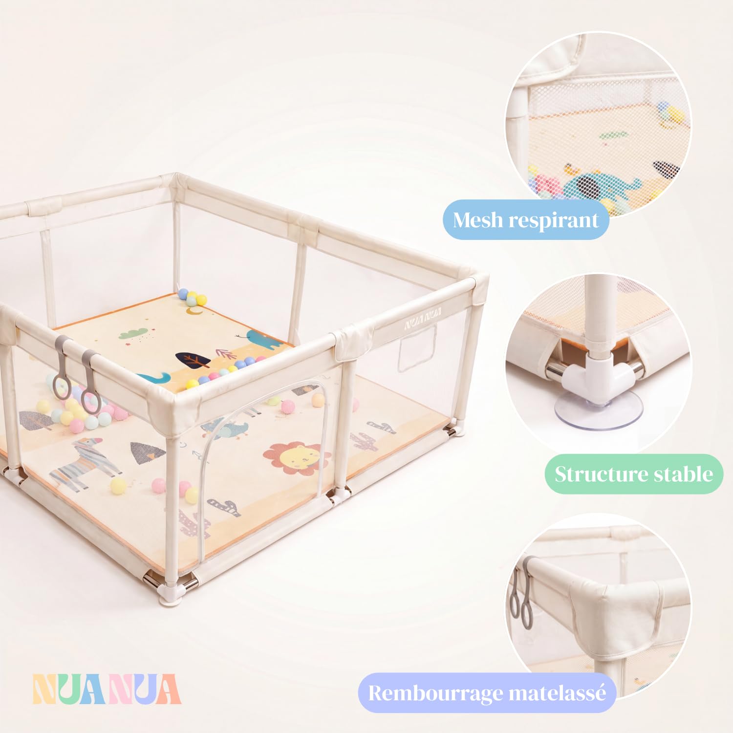 NUANUA Parc Bébé XXL 150x180 cm - Parc Enfant avec Tapis de Jeu - Beige | Démontable avec matelas, balles et panier - playpen intérieur et extérieur - barrière sécurisée avec poignées - 0-36 mois