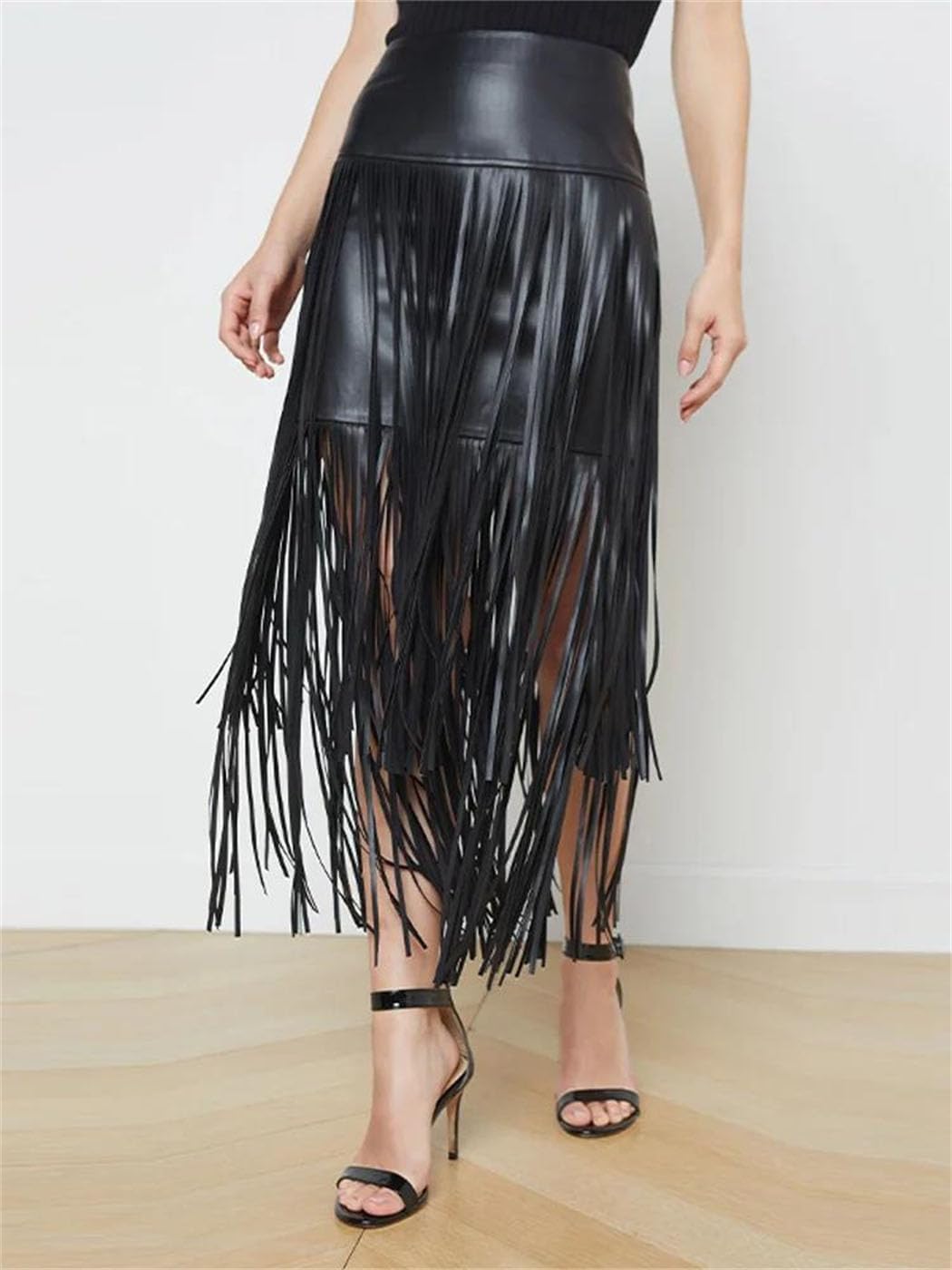 Women's Fashion Long Tassel Fringe PU Leather Skirt Adjustable Belt Bohemian Style Summer Statement