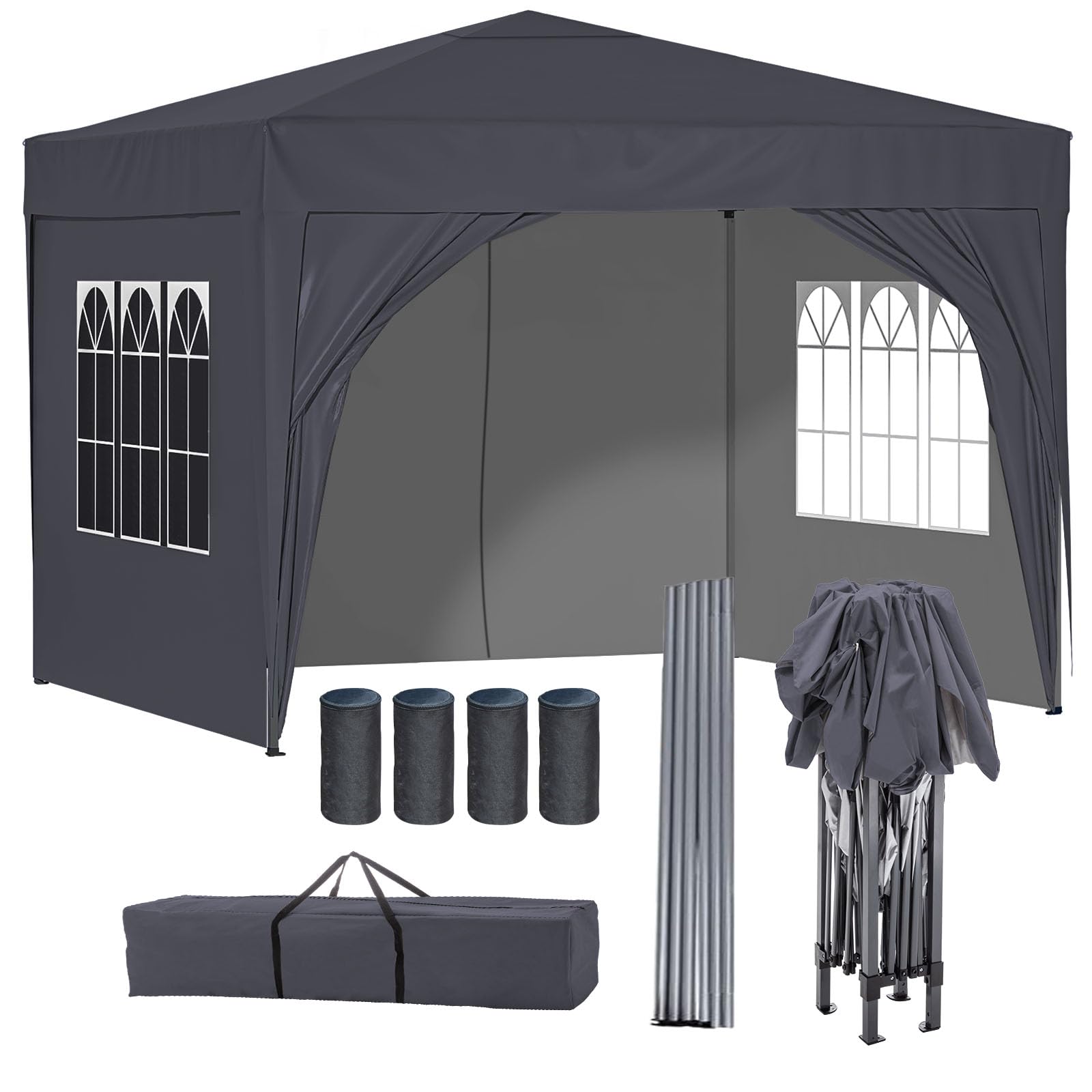 BIRCHTREE Pop Up Gazebo with Sides, 3m x 3m Waterproof with 2 Free Weather Support Beams 4 Gazebo Weight Bags. Garden Canopy Outdoor, Party Tent, 260g Polyester Powder Coated Steel Frame. Grey