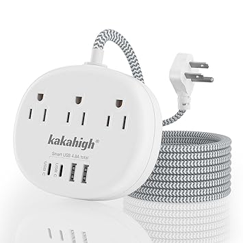 Power Strip Surge Protector(1080J) - Braided Extension Cord 5 Feet, 13 Amp (1625W) Power Surge Protector with 3 AC Outlet 4 USB (24W/4.8A), College Dorm Room Essentials ETL Listed, White
