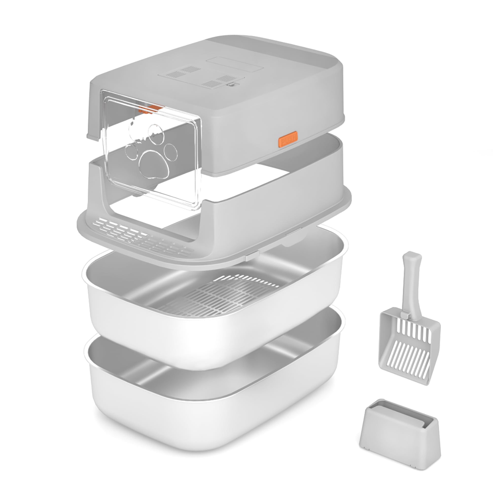 Stainless Steel Sifting Litter Box with Lid, Metal Litter Pan with Scoop for Big Cats Multi Cat, Extra Large Cats Litterbox Odor Control Easy Clean (23 * 15.7 * 16.7inch-Full Enclosed, X-Large)