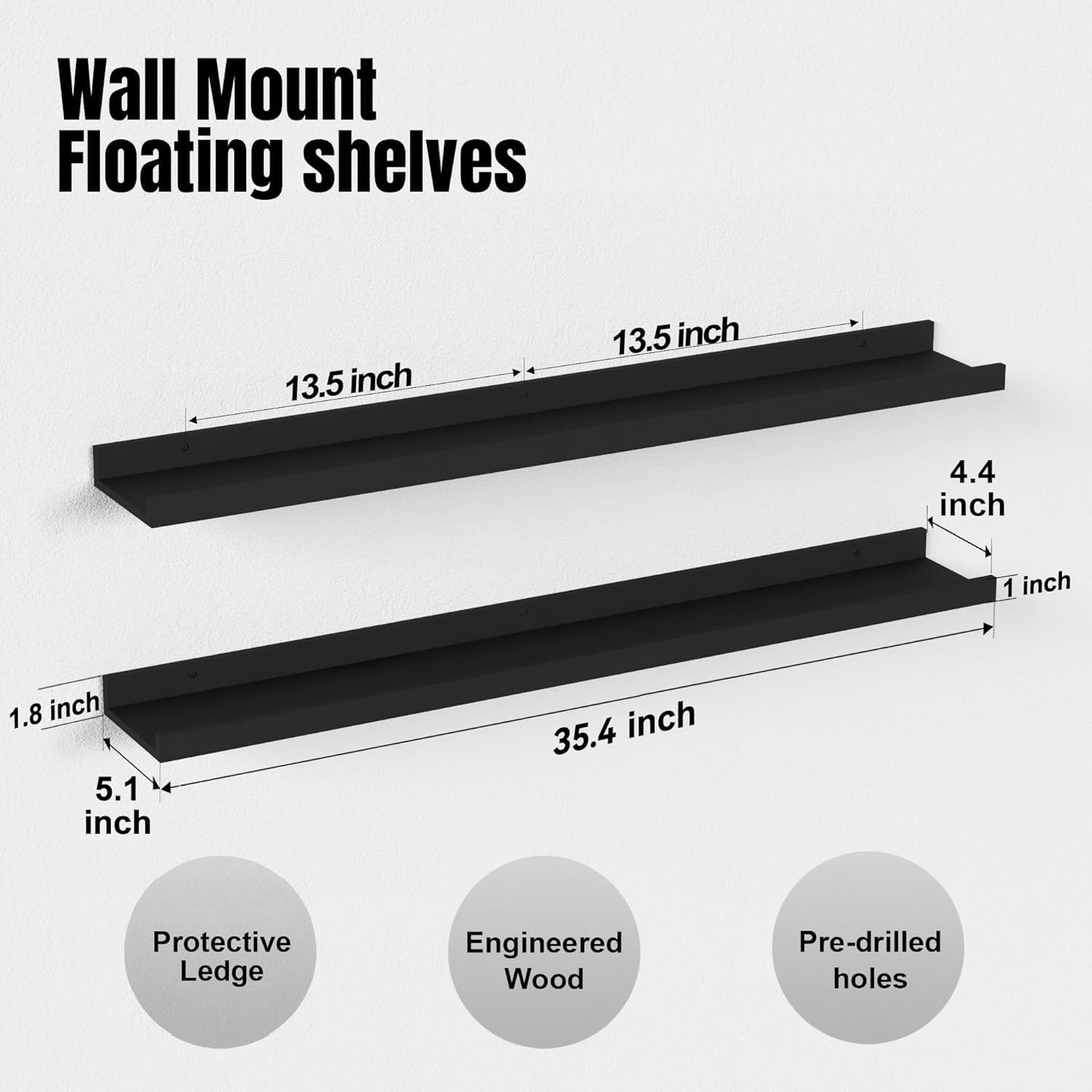 RICHER HOUSE Mensole sospese da parete con bordo, 90 cm, in legno, set da 2 pezzi, colore: nero