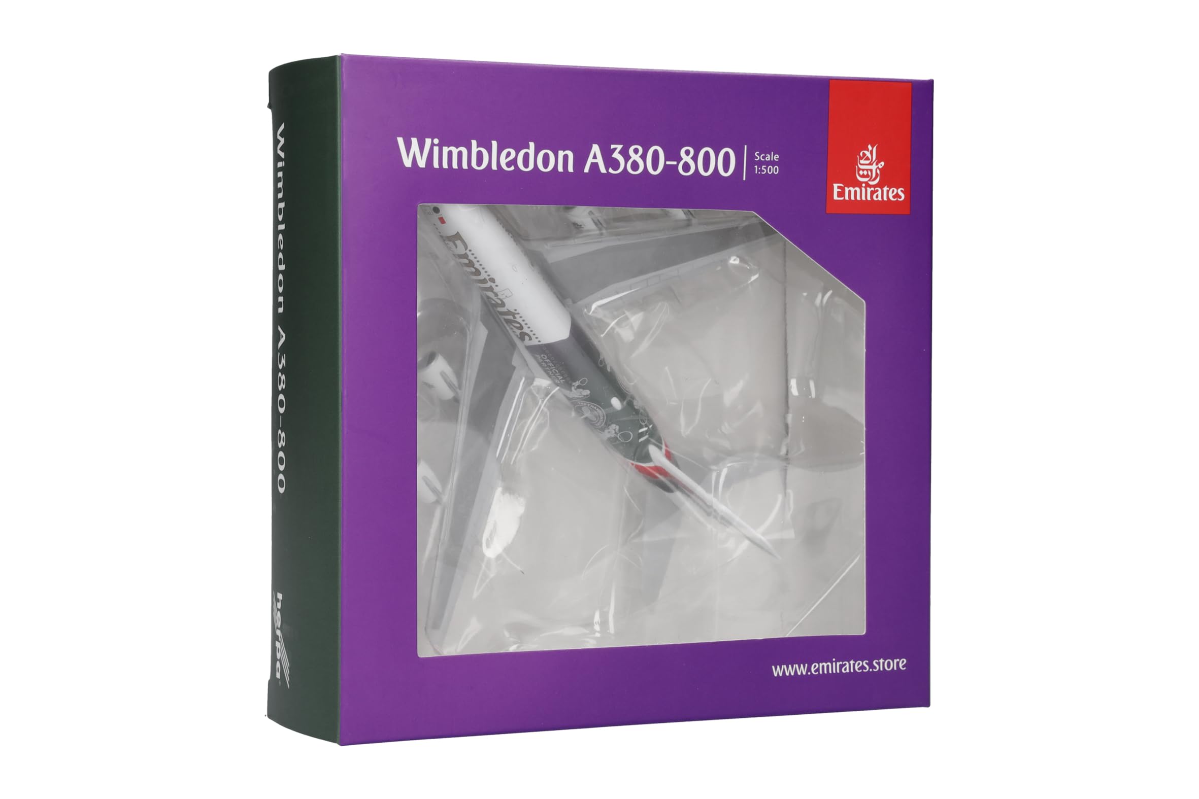 Herpa modellino aereo Emirates Airbus A380 "Wimbledon Official Partner" miniatura in scala 1:500, pezzo da collezione, modello di aereo senza supporto, metallo