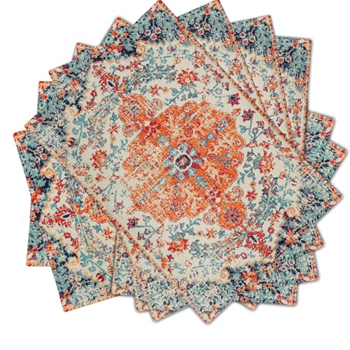 Image of Ethnic Boho Placemats Set of 6 Southwest Orange Blue Teal Carpet Woven Texture Linen Washable Kitchen Dining Table Mats Stain Heat-Resistant Desktop Decor Place Mats for Home Party Indoor 12x18 inch