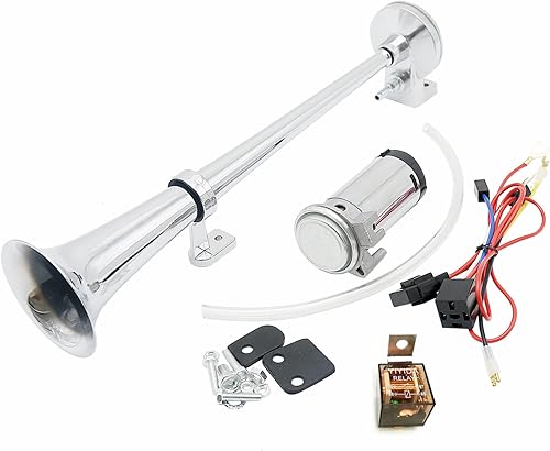 Miniatura 19 de Bocina de aire de 12 V 150 DB Bocina de coche 17.7 in Altavoz de coche Negro Cromo Zinc Trompeta simple Bocina súper fuerte con bomba de aire Bocina