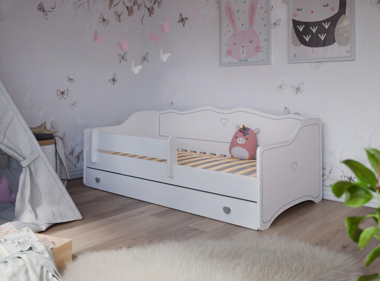 KOBI Letto per bambini EMMA con protezione laterale e cassetto – letto in legno sicuro, struttura FLEX robusta, comodo e pratico per la cameretta (szary, 140x70)
