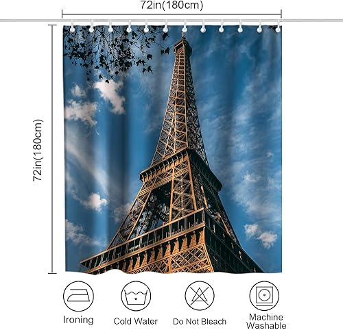 Miniatura 4 de París - Juego de cortinas de ducha de tela con temática de torre Eiffel, 12 ganchos, 72 x 72 pulgadas, poliéster, lavable a máquina, azul, blanco y