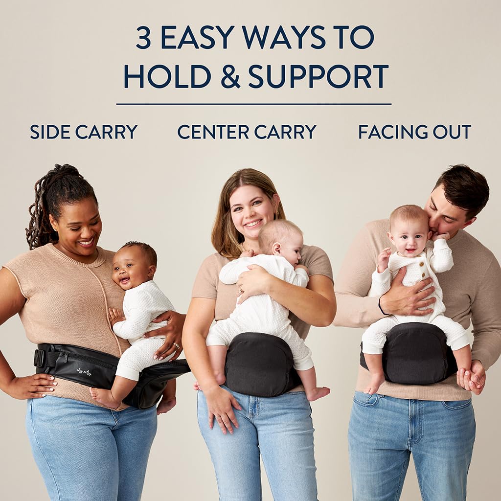 Itzy Ritzy Hip Seat Baby Carrier – Foldable 3-Position Infant & Toddler Carrier, Supports 12–44 lbs, Strapless, Lightweight Design – Includes Zippered Pocket & Extender to Fit Waists up to 62" (Black)