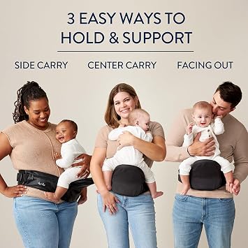 Itzy Ritzy Hip Seat Baby Carrier Foldable 3-Position Infant & Toddler Carrier, Supports 1244 lbs, Strapless, Lightweight Design Includes Zippered Pocket & Extender to Fit Waists up to 62 (Black)