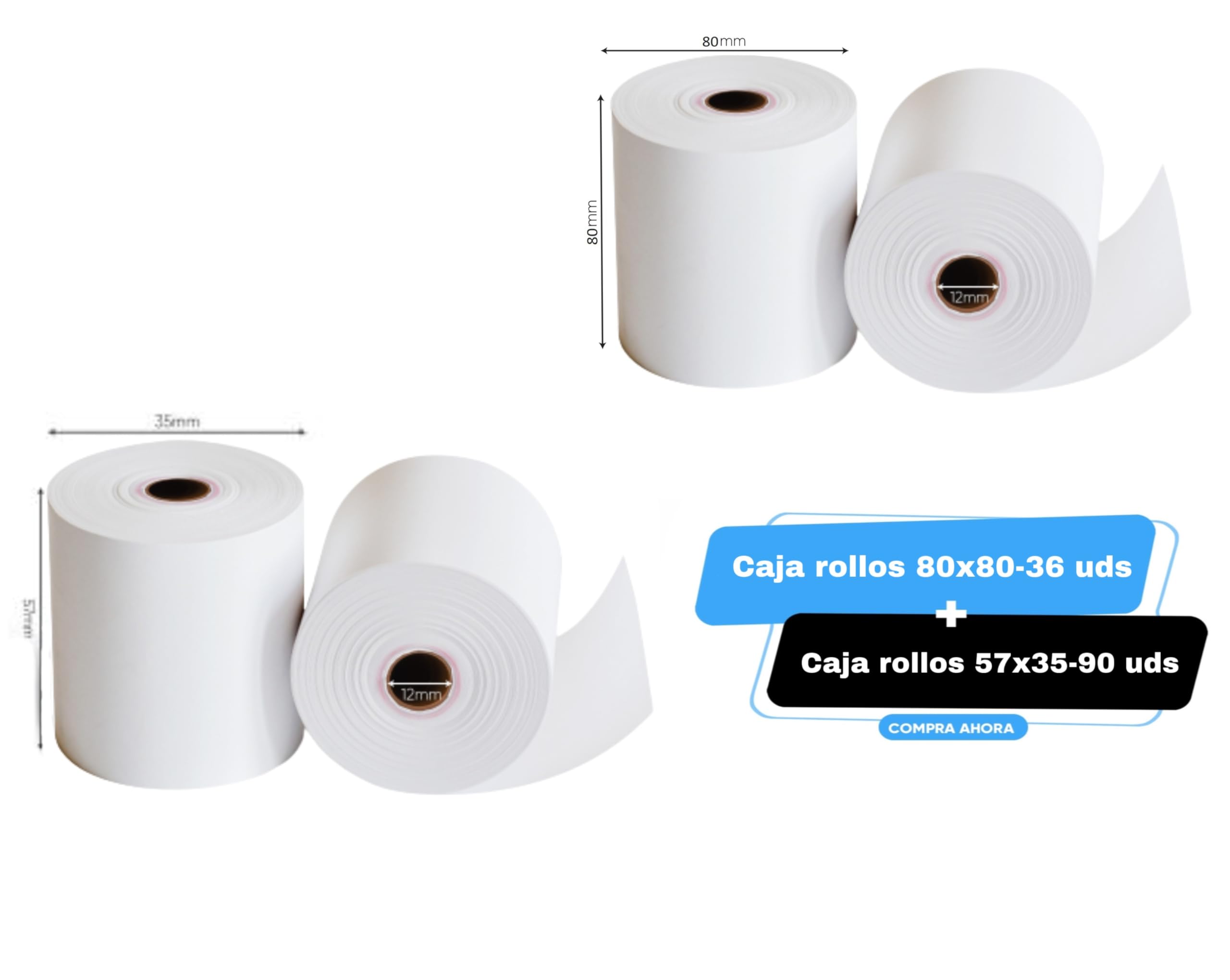 Pack 36 Rollos Térmicos 80x80x12 y 90 Rollos 57x35x12 para Datáfono TPV POS | Compatible con cajas registradoras impresoras de tickets comercios hostelería cobros y puntos de venta