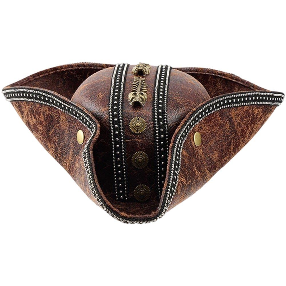 Bemvp Halloween Pirate Hat for Women Men Leather Colonial Style Tricorn Adult Party Headwear Pirate Cap Fancy Dress Medieval Costume Cap