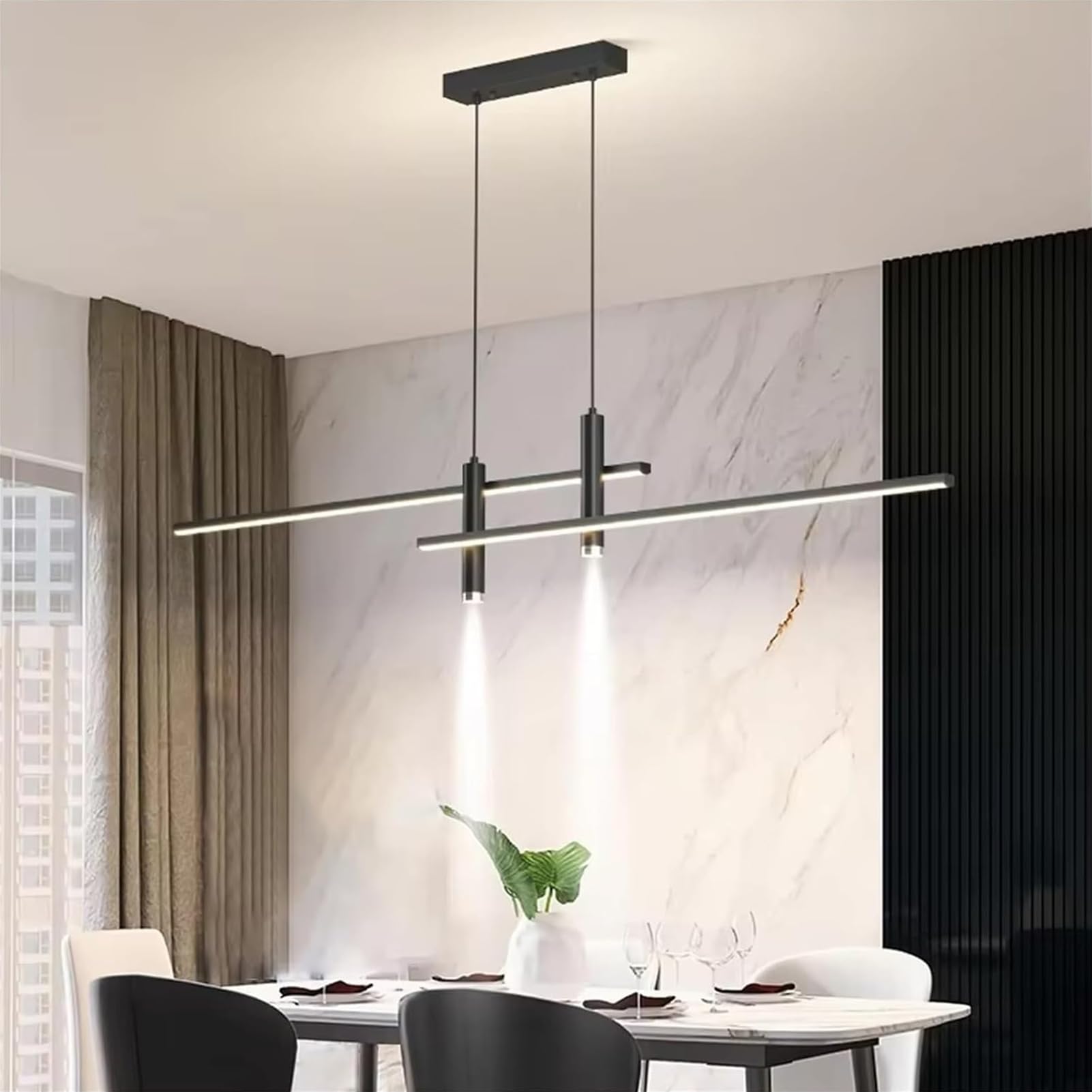 Moderne LED Pendelleuchte für Esstisch & Esszimmer - Dimmbar, Höhenverstellbar mit Fernbedienung - Hängeleuchte Küche, Büro, Wohnzimmer - Kronleuchter mit Linearem Design (Schwarz, 150cm)
