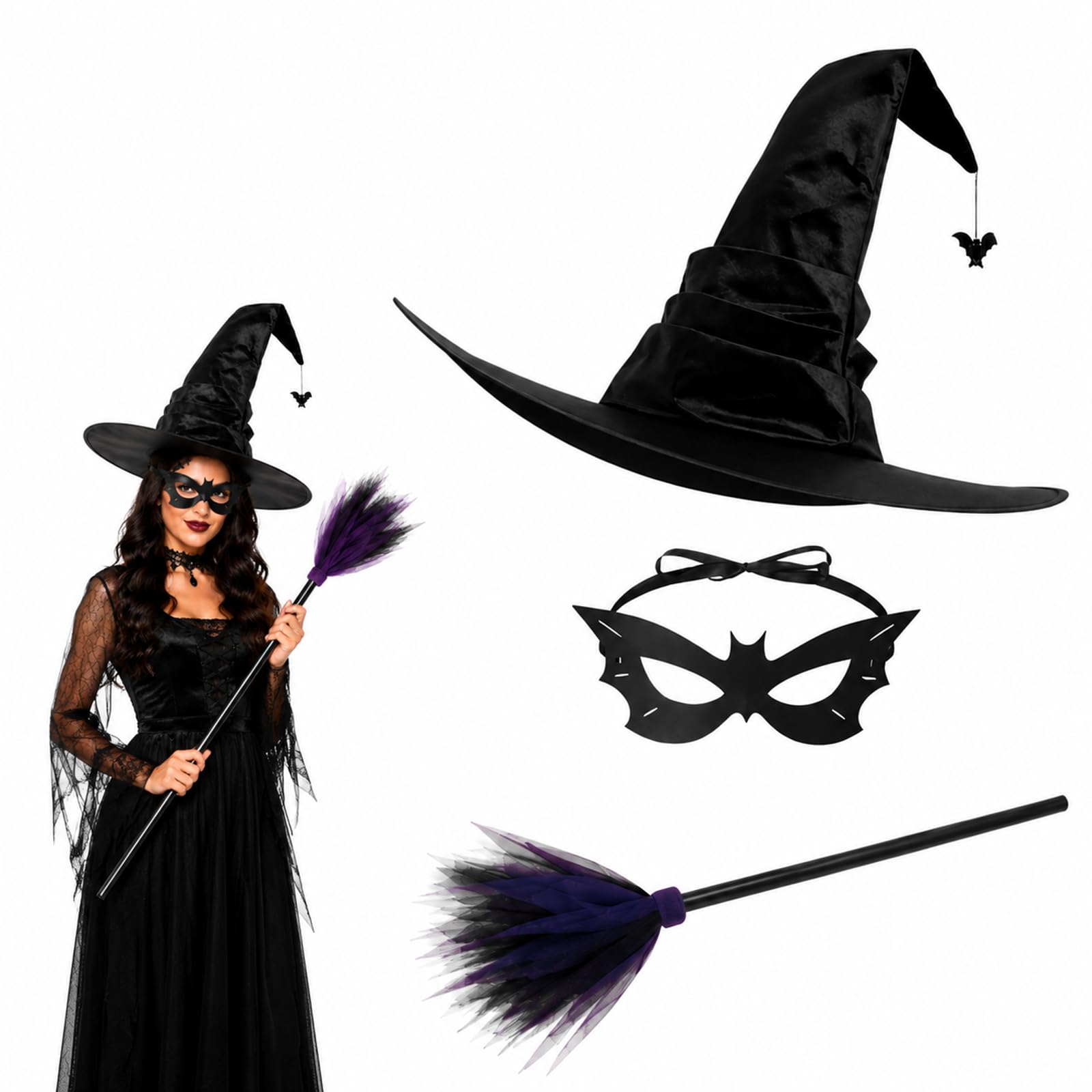 TUBAWD 3PCS Witch Hat, Witch Costume, Witches Hat Set with Broom & Mask