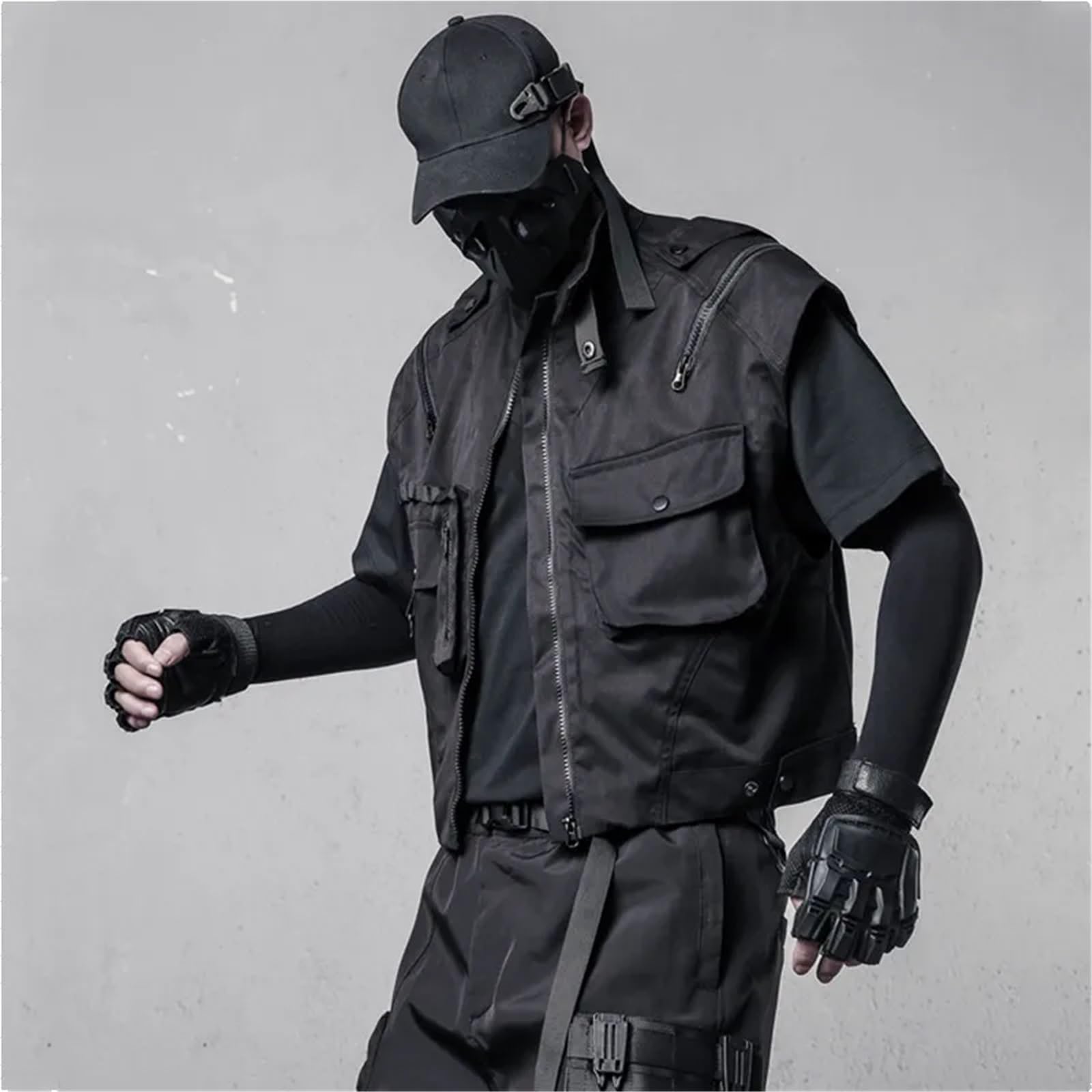 Multi Pocket Weste Multi Taschen Techwear Cargo Weste Mann Hip Hop Kurze Weste High Street Casual Ärmellose Jacken Für Jagd Angler Camping Wandern(L)