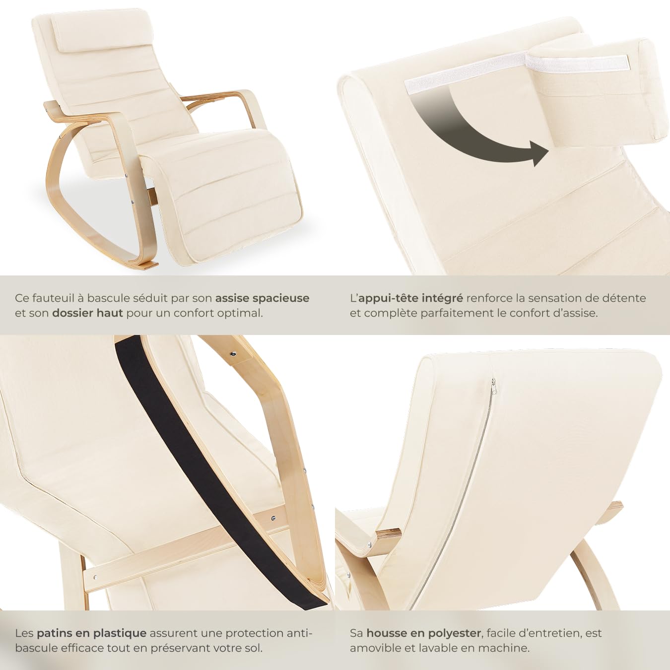 tectake® Fauteuil à Bascule avec Accoudoirs & Repose Pieds Réglable en 5X Rocking Chair Fauteuil Relax rembourée Cadre en Bois Fauteuil Salon Veranda, Chaise Ergonomique idéal Détente, Allaitement