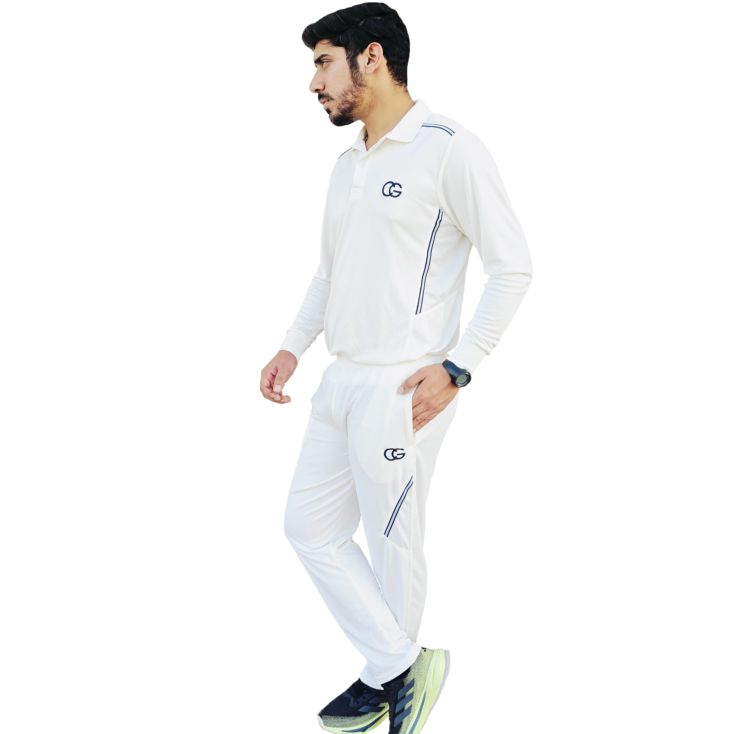 CALIGOSTLE CG Full Sleeve Cricket White Tracksuit (T-Shirt & Lower Set) | Breathable Mesh | Sweat-Proof Fabric | Cricket Jersey | Cricket Uniform for Men and Boys